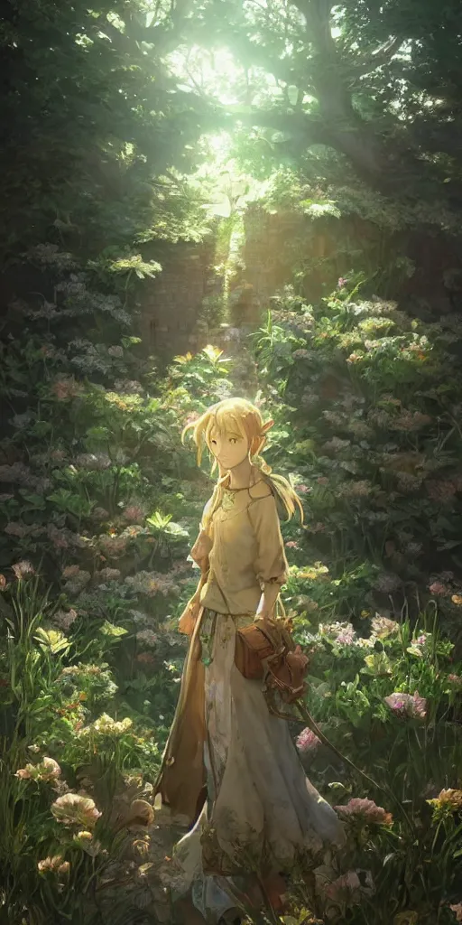 Prompt: a portrait of the emerald herald in the garden, intricate, tone mapped, ambient lighting, highly detailed, digital painting, concept art, sharp focus, by makoto shinkai and akihiko yoshida and wlop
