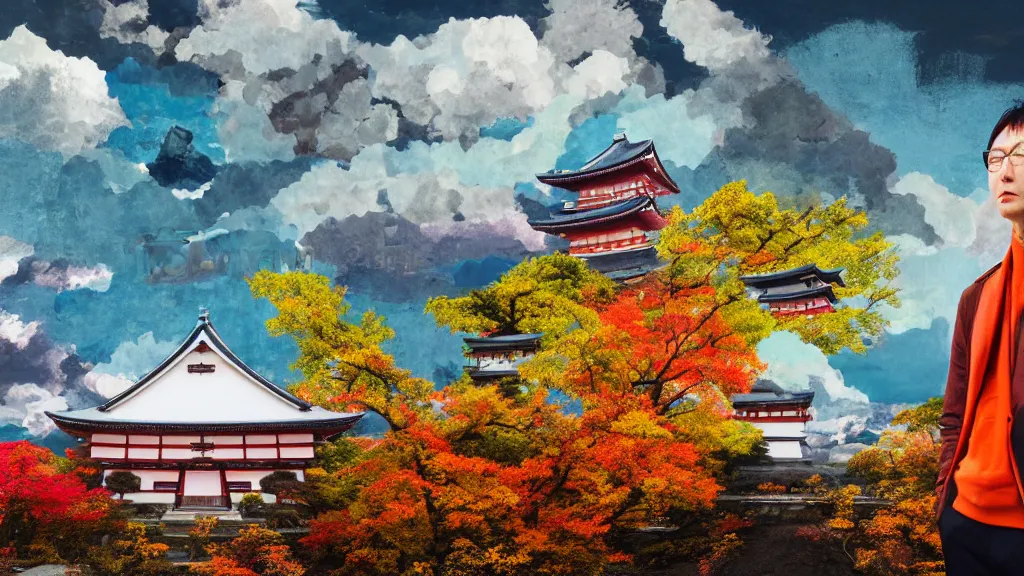 Prompt: a german photographer with dslr, at a vast temple under a vivid autumn sky, aomori japan, a collage painting, in the style of wes anderson, lola dupre, david hockney, isolated on negative white space background dark monochrome neon spraypaint accents volumetric octane render