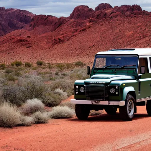 Prompt: a vintage land rover defender drives along a 2 lane road in the valley of fire