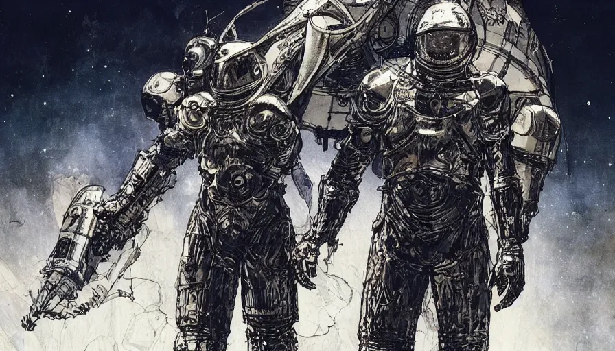 Image similar to Knights Templar wearing space power suit concept art, pen and ink, intricate line drawings, by John Harris, Emil Melmoth, Craig Mullins, yoji shinkawa, artstation, moebius comic, Marc Simonetti, lan McQue, Kentaro, Miura, hyper detailed, cinematic