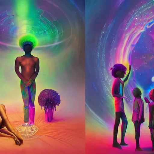 Prompt: african!!! boys and girls playing with holograms and iridescent bubbles of light near the space gates of futuristic heaven, by Adi granov and afarin sajedi and amanda sage and evgeni gordiets and Agostino Arrivabene in a psychedelic portrait style, afofuturism, afropunk, black art, rendered in octane, volumetric lighting, digital illustration, fractal, extremely symmetrical!!, highly detailed faces, 8k, hd.