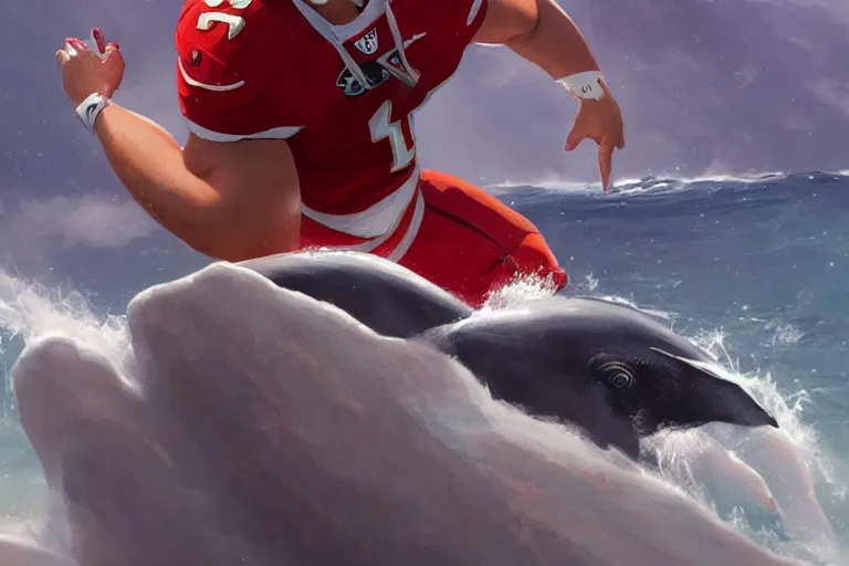 Image similar to a whale who loves patrick mahomes and the nfl by greg rutkowski, rossdraws, gil elvgren, enoch bolles, anime, very coherent