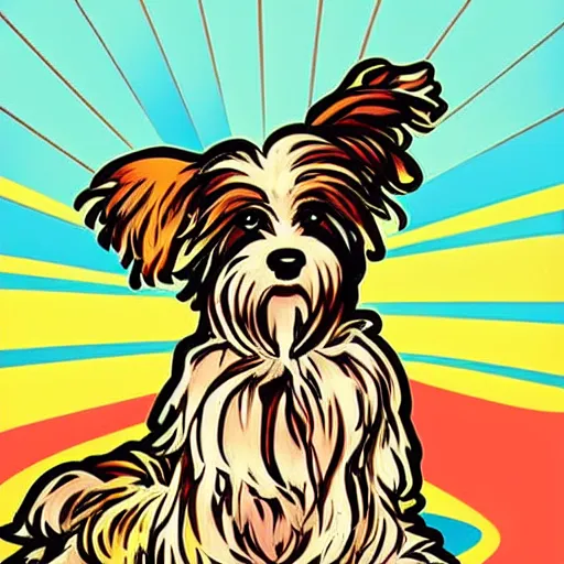 Image similar to havanese dog, sunset illustration, pop art, splash painting, art by geof darrow, ashley wood, alphonse mucha