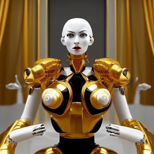 Prompt: octane render, a complex high poly cinematic 3 d model of a giant robotic android woman made out of white porcelain with complex golden inlays, jewel tone glowing eyes, fiber optic hair, inside a black and gold rococo palace, 8 k, unreal enging, cinema 4 d, cinematic angle