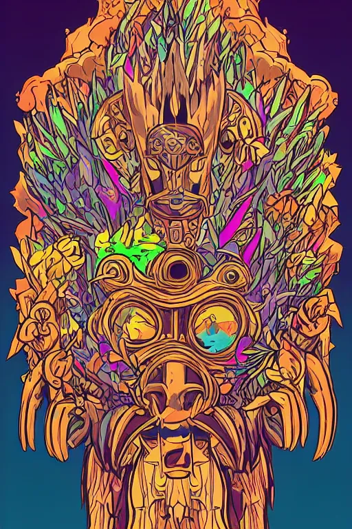 Image similar to animal mask totem roots flower tribal feather gemstone plant wood rock shaman vodoo video game vector cutout illustration vivid multicolor borderlands comics by josan gonzales and dan mumford radiating a glowing aura