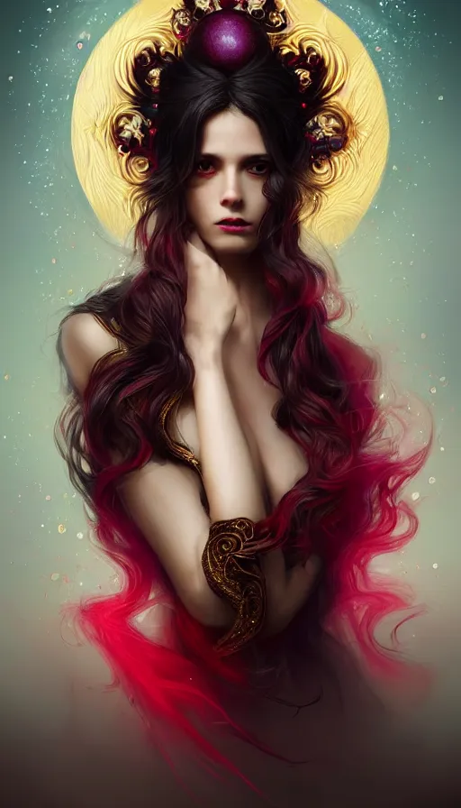 Prompt: portrait of magical archer , dark fantasy, gradient red black, dreamy and ethereal, (colour) eyes, one head, golden ratio, peaceful expression, ornate frilly dress, fantasy, intricate, elegant, rainbow bubbles, highly detailed, digital painting, artstation, concept art, smooth,b sharp focus, illustration, art by artgerm and greg rutkowski and alphonse mucha