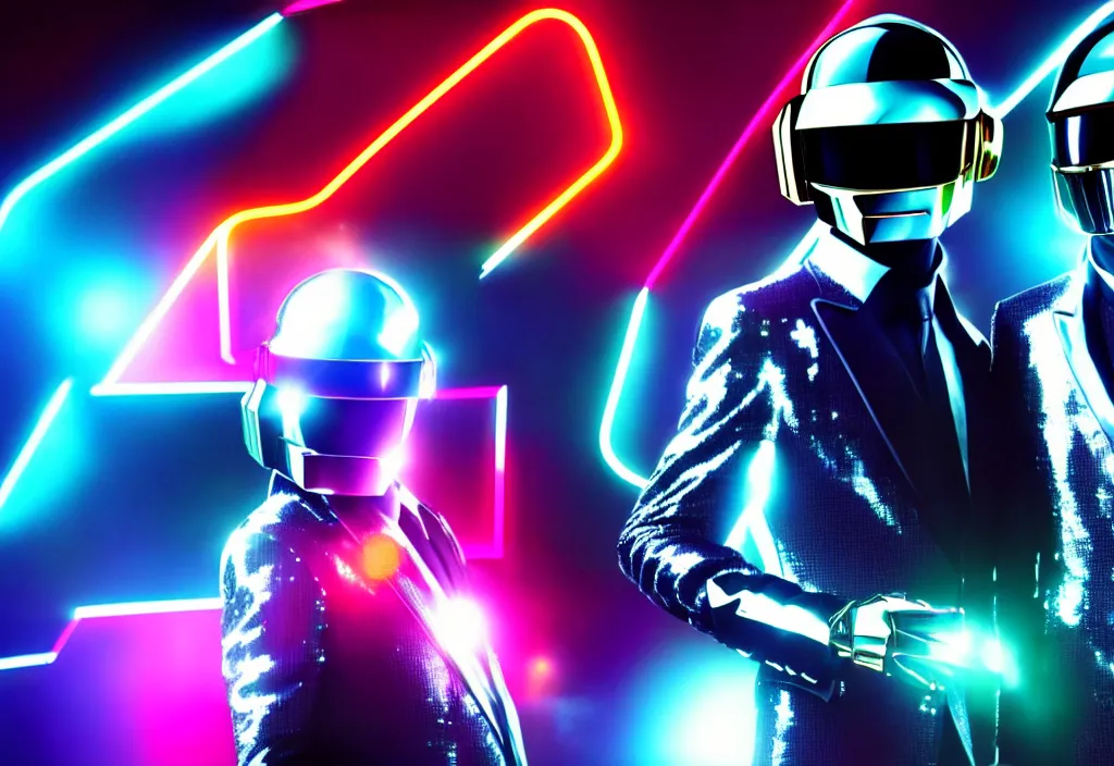 Prompt: daft punk in neon heaven, cinematic, soft lighting, 8 k