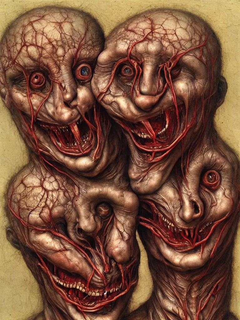 Image similar to siamese twins made of veins, looking into camera, laughing, by giuseppe arcimboldo and ambrosius benson, renaissance, intricate and intense oil paint, a touch of beksinski and hr giger and edward munch, realistic