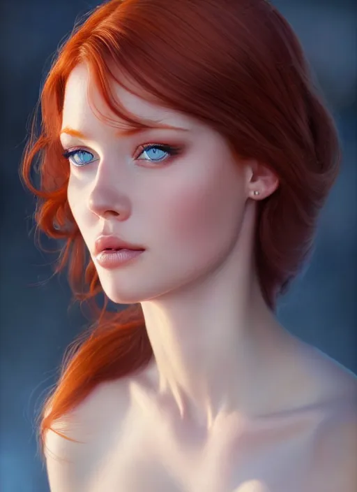 Image similar to portrait photo of a gorgeous young redhead woman with blue eyes in the style of stefan kostic, realistic, sharp focus, 8k high definition, insanely detailed, intricate, elegant, art by stanley lau and artgerm