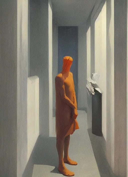 Image similar to man in a translucent dress made from plastic bag with paper bags for clothes standing inside paper bags with paper bag over the head at store display Edward Hopper and James Gilleard, Zdzislaw Beksinski, highly detailed