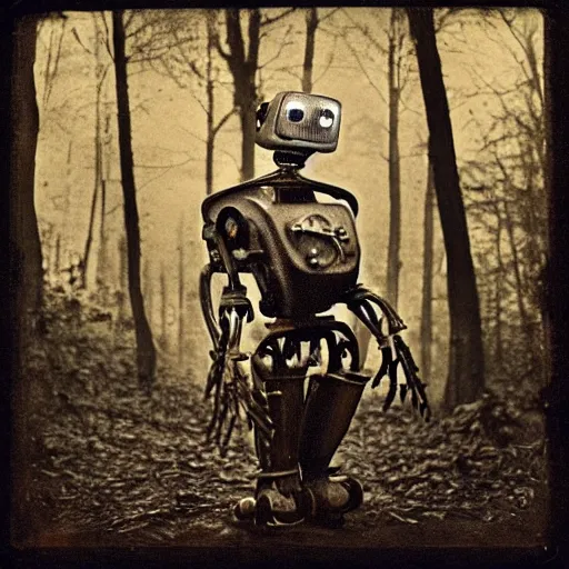 Image similar to “Early 1900s daguerreotype, robot zombie in the forest, hyper realistic, by Steven Rhodes, shallow depth of field, sepia, eerie, macabre, scratches and burns on film, horror, cinematic, photorealistic, highly detailed”