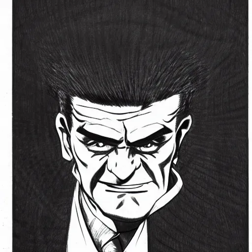 Image similar to simple caricature drawing of angry Joe Pesci, black and white manga panel, expressive, art by Nobuyuki Fukumoto