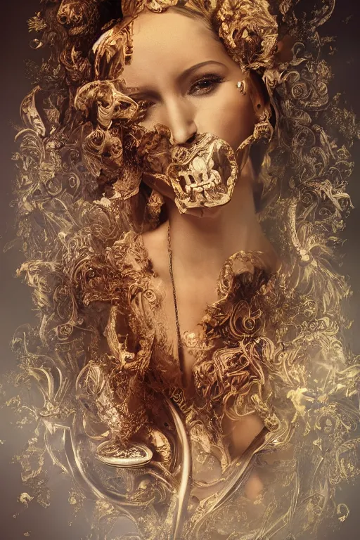 Image similar to An extremely beautiful Art Deco ornate portrait of a young attractive woman with a beautiful bone structure, professionally painted digital art illustration, smooth, sharp focus, atmospheric lighting, highly detailed illustration highlights, golden ratio, extremely detailed winning award masterpiece, very coherent symmetrical artwork, sense of awe, 8K post-processing, trending on artstation flawless, prismatic highlights, telephoto, depth of field, cinematic, macro, concept art, wepa digital, elegant, epic, octane render, v-ray, C4D