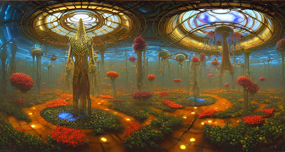 Prompt: fish eye lens, minimalist 3 d fractal oil painting by donato giancola, warm coloured, cinematic scifi bioluminescent luxurious futuristic foggy steam filled victorian garden circular shopping mall interior with microscopy minimalist stained glass flowers growing out of pretty bulbous ceramic fountains, gigantic pillars and flowers, maschinen krieger, beeple, star trek, star wars