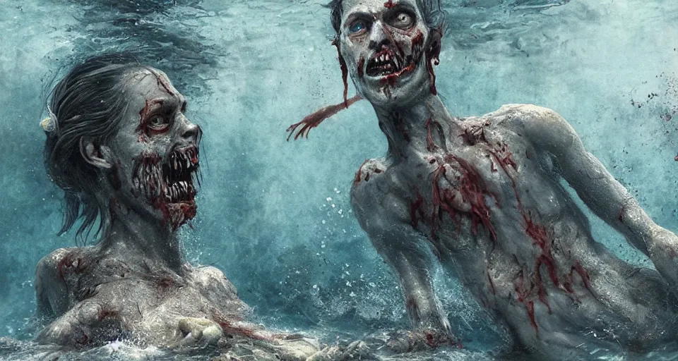 Image similar to highly detailed full body portrait of a zombie swimming underwater in a zombie - apocalypse, in a swimming pool, by greg rutkowski, octane render