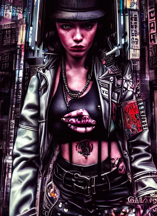 Image similar to portrait photo, 3 5 mm lomography, female doorwoman, gang clothing fashion, id magazine, hyperrealism, detailed textures, photorealistic, cyberpunk apocalyptic city, ultra realistic, cinematic, intricate, cinematic light, 8 k, david la chapelle, david kostic, artgerm