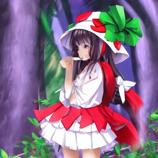 Image similar to a pixiv of reimu in the jungle wearing bonnet