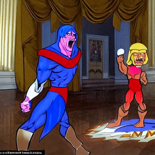 Image similar to he - man fights skeletor hyper realistic in the white house