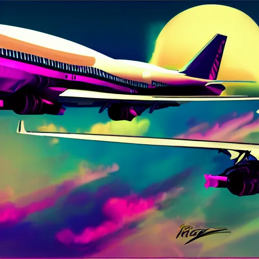 Prompt: boeing 7 4 7, epic retrowave art, trending on art station