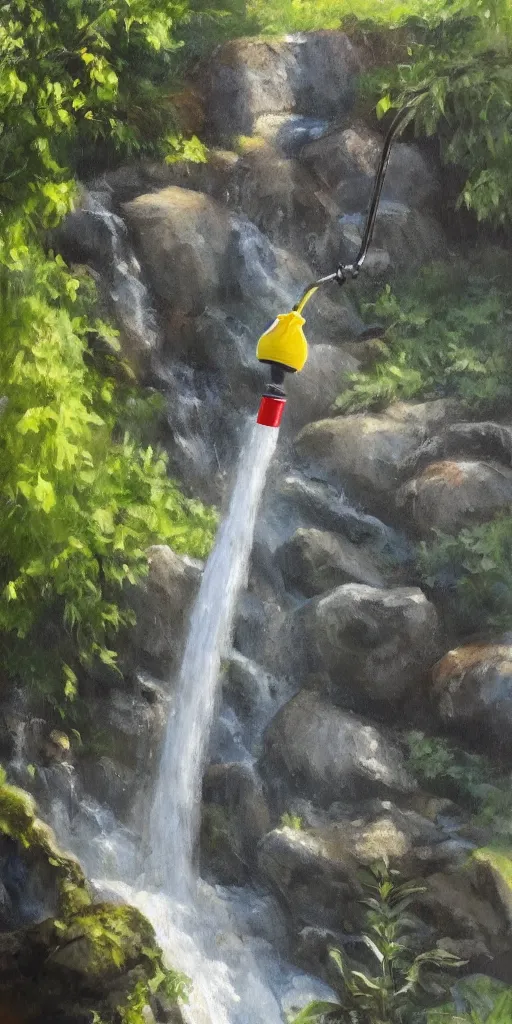 Image similar to water bottle being poured, the water coming out merges with a waterfall that is visible in the background, painting, sunny day