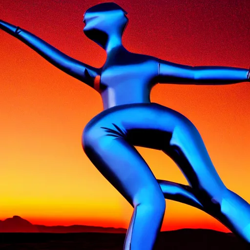 Image similar to 4 k hdr wide angle sony a 7 photo of a stainless steel shiny reflective woman female statue dancing on mars during a blue martian sunset