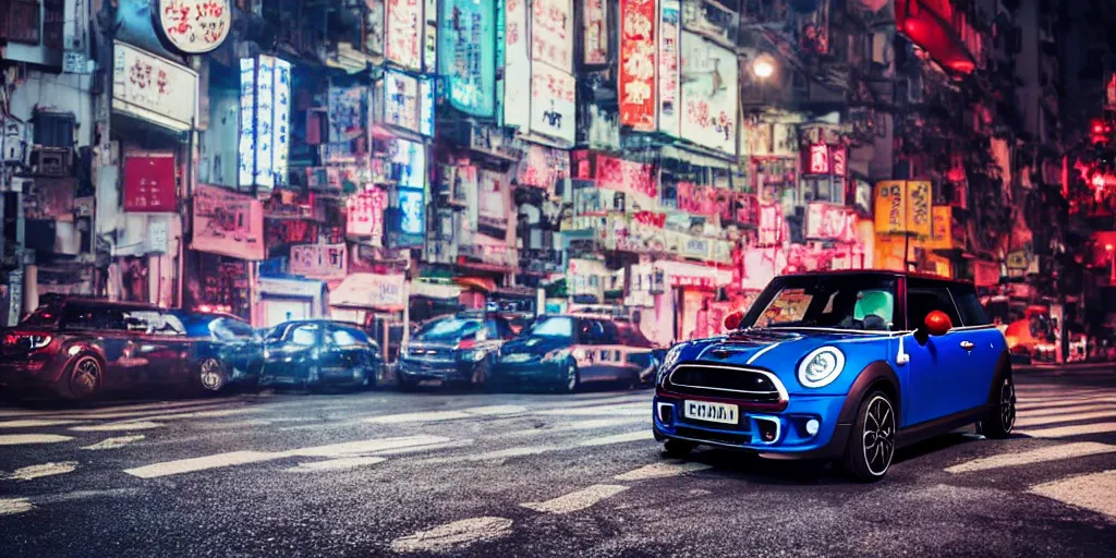 Image similar to Mini Cooper S with blood vinyl in the middle of a road on the night Hong Kong china town, blue color grading, cinematic color grading , unreal 5, hyperrealistic, realistic, photorealistic, dynamic lighting, highly detailed, cinematic landscape, studio landscape, studio lighting