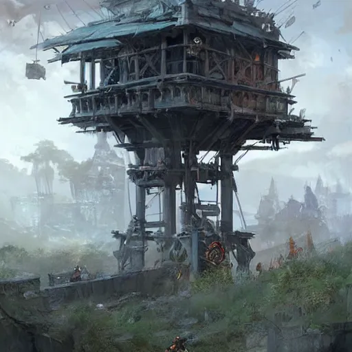 Image similar to a moving siege tower machine with cart wheels, crossbow on the tower, epic fantasy style art by Craig Mullins, fantasy epic digital art, epic fantasy card game art by Greg Rutkowski