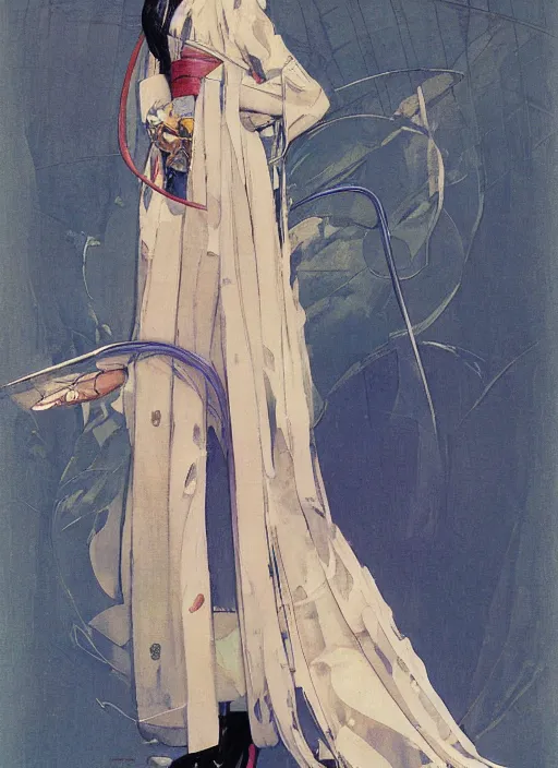 Image similar to a copic maker art nouveau portrait of a japanese pale woman wearing a futuristic balenciaga coat pilot suit with a puffy kimono by john berkey norman rockwell