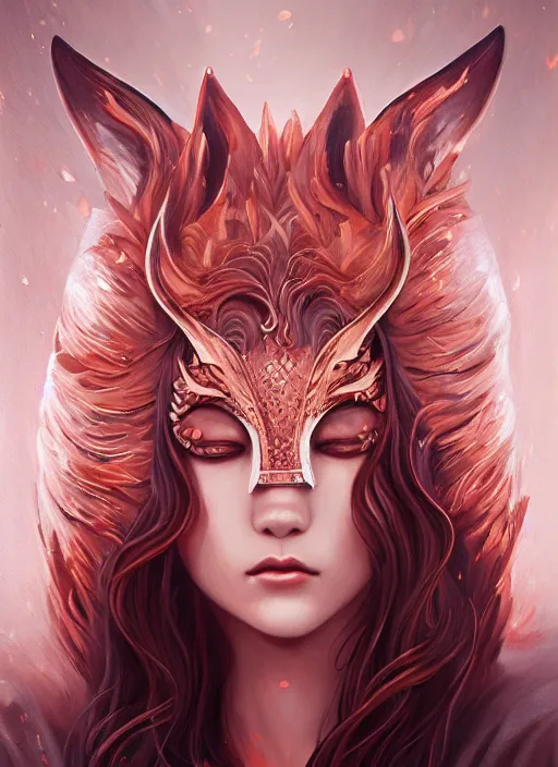 Image similar to a beautiful detailed oil on copper art illustration of a japanese kitsune mask devil beautiful woman, centered, by charlie bowater, zeng fanzh, trending on artstation, dim dusk lighting, cinematic lighting, detailed lighting, volumetric lighting, realistic, f 8, 4 k hd wallpaper