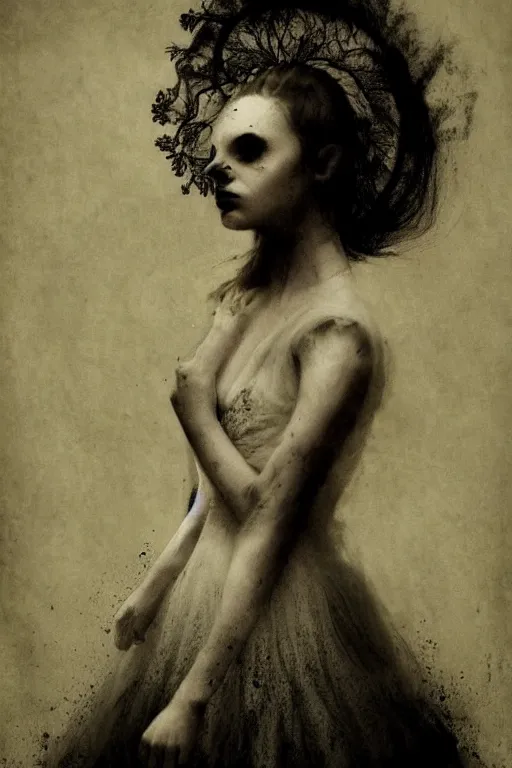 Image similar to dark ballerina, emil melmoth, portrait, concept art, deviantart, dark, 3 5 mm, chiaroscuro, surrealist, victorian, mist, dark