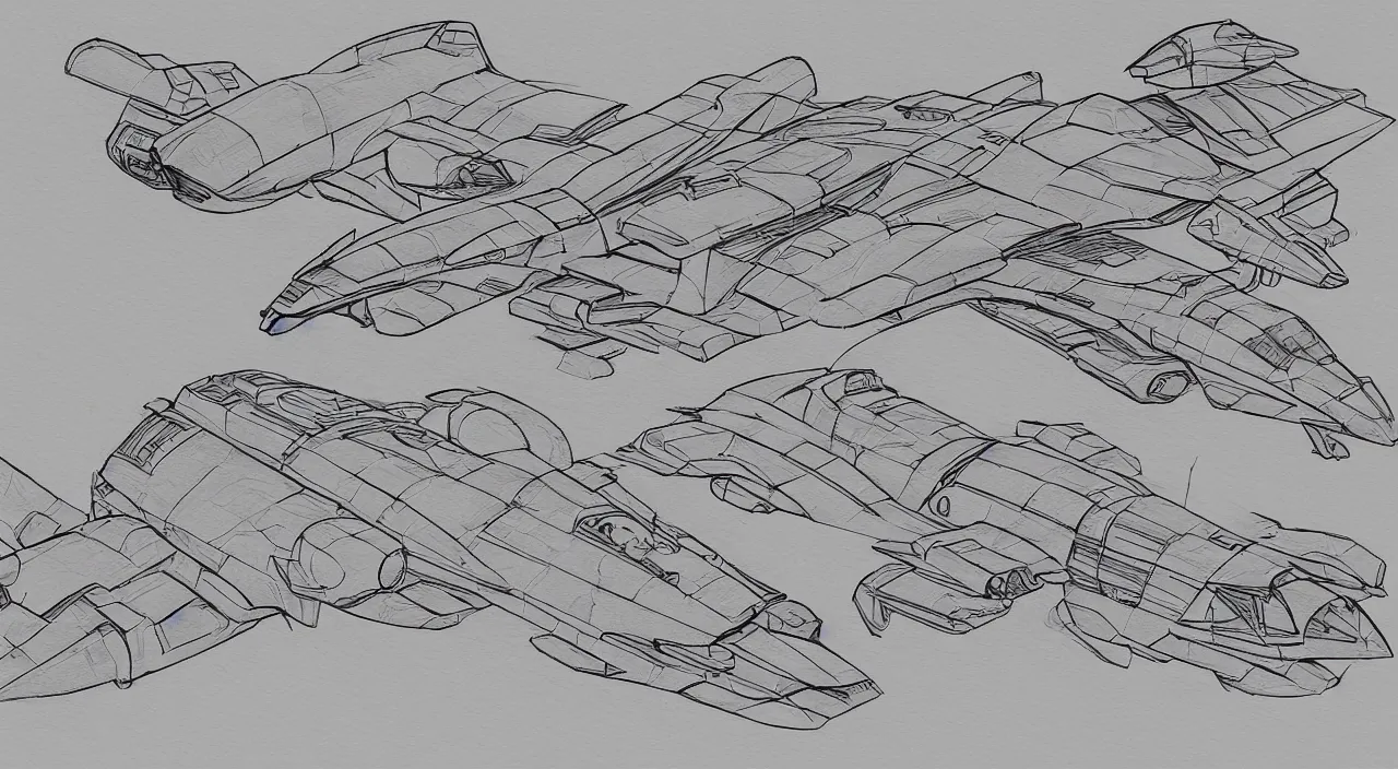 Prompt: sharp spaceship sketches, isometric