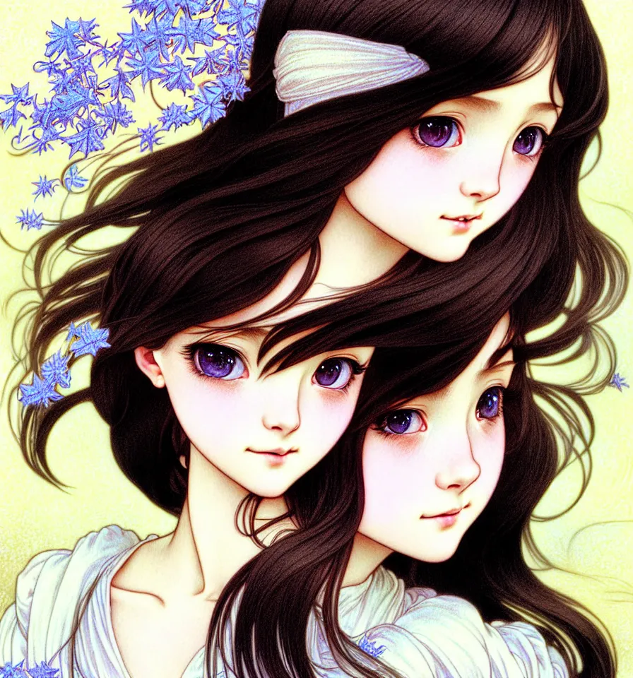 Prompt: closeup portrait of a sweet girl with silky black long hair is covered in white powdered sugar posing for the camera in a bakery kitchen. insanely and epically detailed high-quality artwork with soft colors, exquisitely detailed soft shadowing, amazingly composed image, epic pencil illustration, by Range Murata and by Alphonse Mucha and by Katsuhiro Otomo.