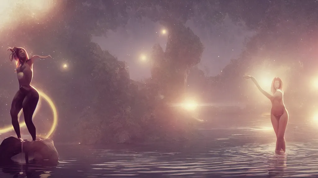 Prompt: whimsical, beautiful seductive women standing in a lake, raising an arm, under a binary black hole with a ring, by Ross Tran, by Greg Rutkowski, by artgerm, by beeple, volumetric lighting, 4k resolution, octane render, trending on artstation