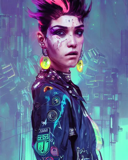 Image similar to detailed portrait Young Gangster Girl cyberpunk futuristic ((neon)) tattoes, styled hair Reflective thin sheen film jacket, decorated traditional ornaments by ismail inceoglu dragan bibin hans thoma greg rutkowski Alexandros Pyromallis Nekro Alphonse Mucha Zac Retz illustrated Perfect face, fine details, realistic shaded, fine-face, pretty face