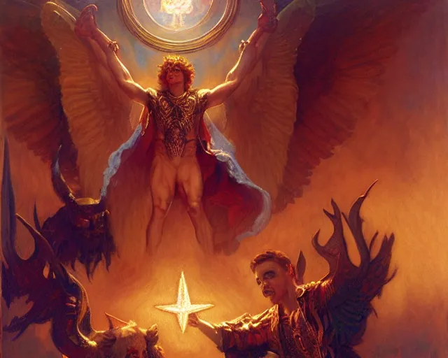 Image similar to attractive male deity, casting demonic magic, summoning handsome lucifer morning star. highly detailed painting by gaston bussiere, craig mullins, j. c. leyendecker 8 k