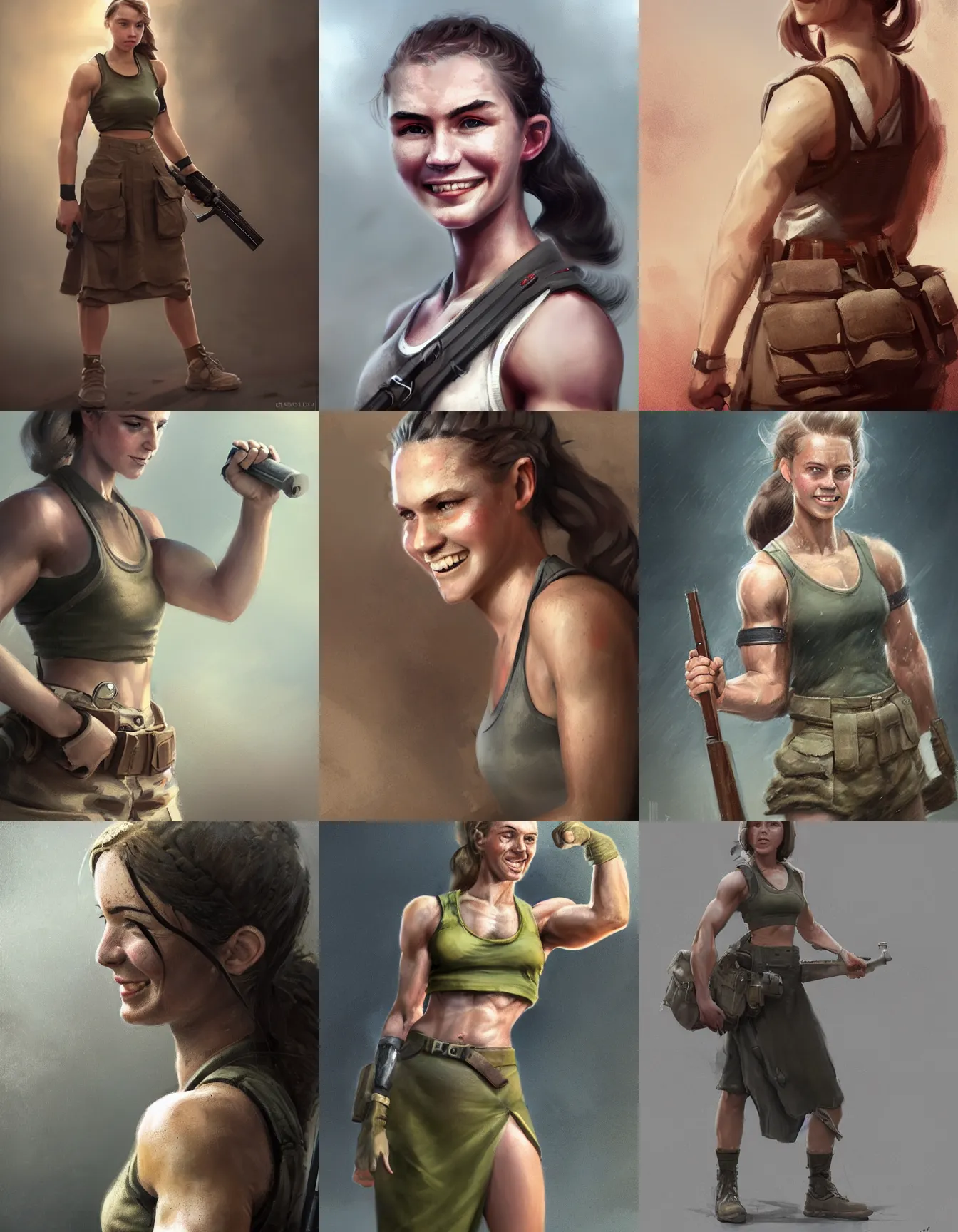 Prompt: young female ww 2 combat engineer, strong, muscular, wearing a tanktop and skirt, long hair, ponytail, smiling, digital portrait by greg rutkowski, intricate, soft focus, highly detailed, cinematic, epic, artstation