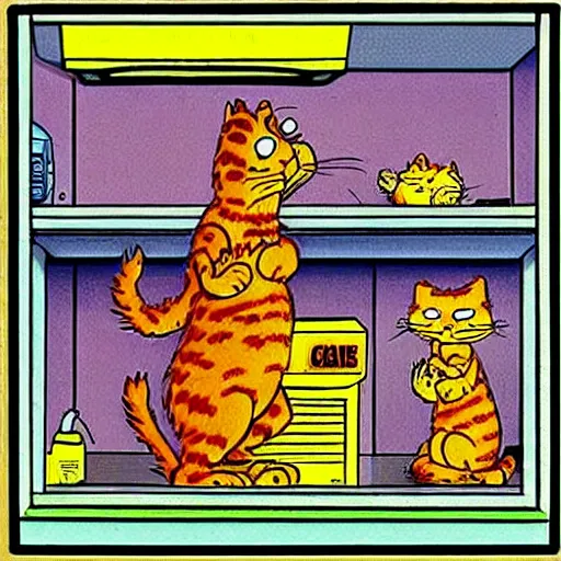 Prompt: “Garfield the cat is in a far side Gary Larson cartoon, comic strip cartoon style, 80s, humorous. ”