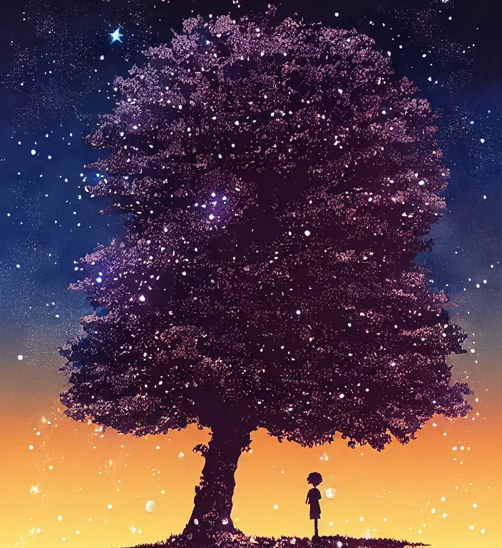 Prompt: ( tree made out of galaxy and stars ), trending on pixiv fanbox, painted by makoto shinkai takashi takeuchi studio ghibli, akihiko yoshida, yoshitaka amano, wangechi mutu, clean cel shaded vector art, illustration, hd, 8 k