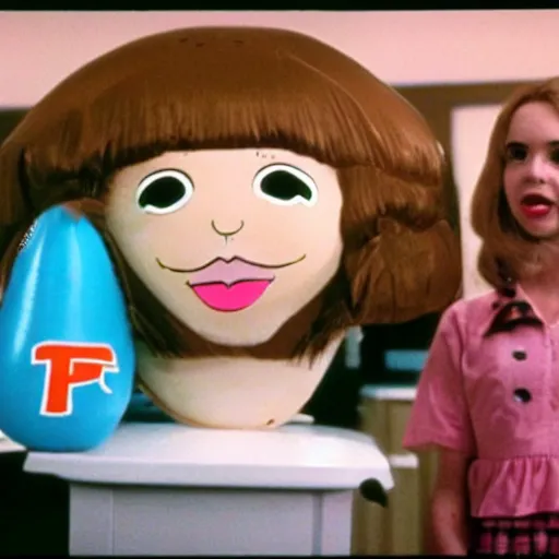 Image similar to a teenage girl with an inflatable cartoon head goes to high school live-action john waters film 1974 technicolor