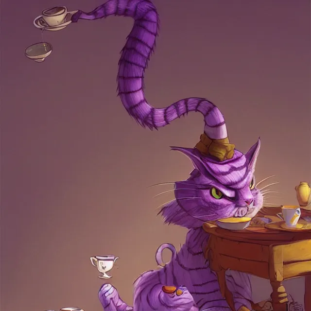 Image similar to cheshire cat drinking tea, by cory loftis, character art, very coherent, exquisite lighting, whimsical background, lighthearted, soft painting, masterpiece