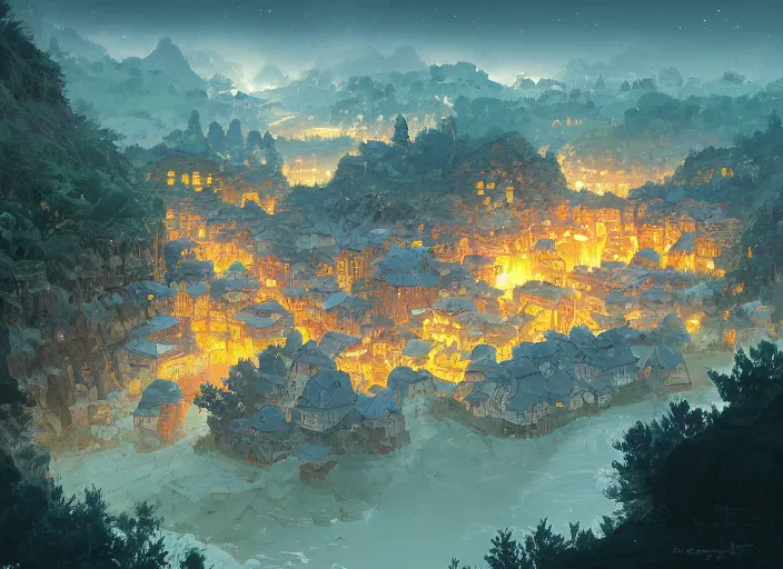 Prompt: concept art painting of a small woodland village at midnight, by a river in a mountain valley seen from above, night time, european japanese buildings, cel shaded, realistic, by makoto shinkai and moebius and anton fadeev and greg rutkowski and james gurney