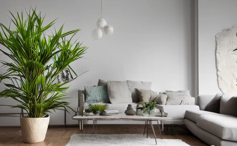 Image similar to A photograph of dracena marginata in a living room, cinematic lightning, 4K