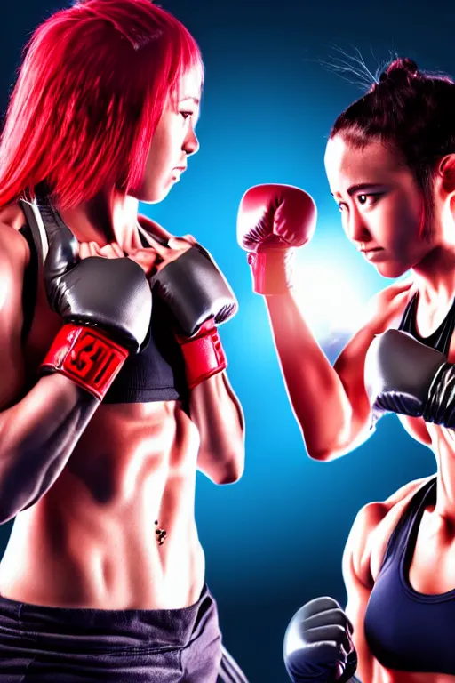 Image similar to two beautiful identical female fighters facing each other in the gym, dim lighting, gorgeous features, high definition, sharp focus, detailed digital anime art