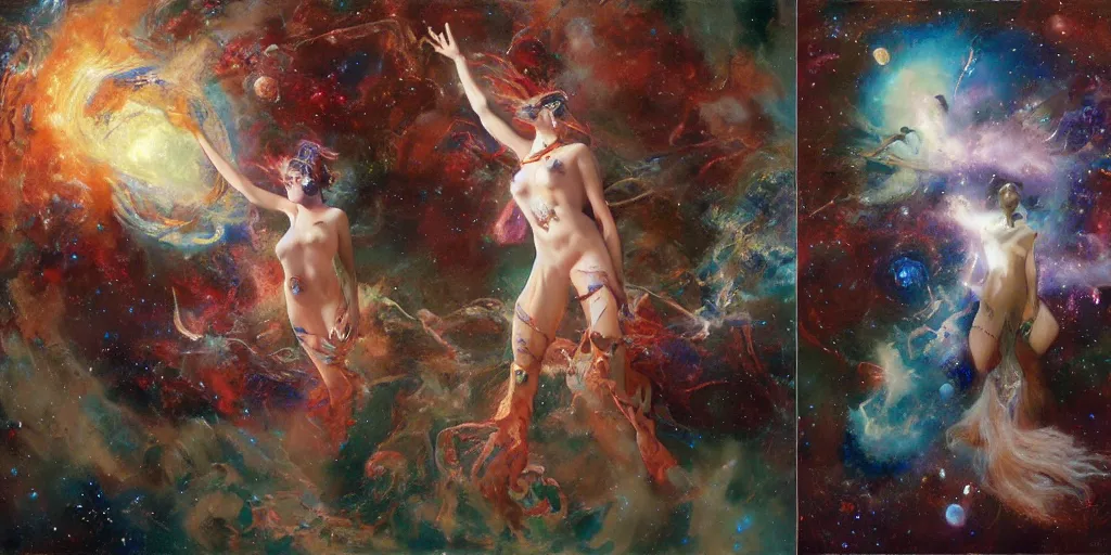 Image similar to supernova, space mermaids in space costumes, stars, painted by steve mccurry, ruan jia, raymond swanland, lawrence alma tadema, zdzislaw beksinski, norman rockwell, jack kirby, tom lovell, alex malveda, greg staples