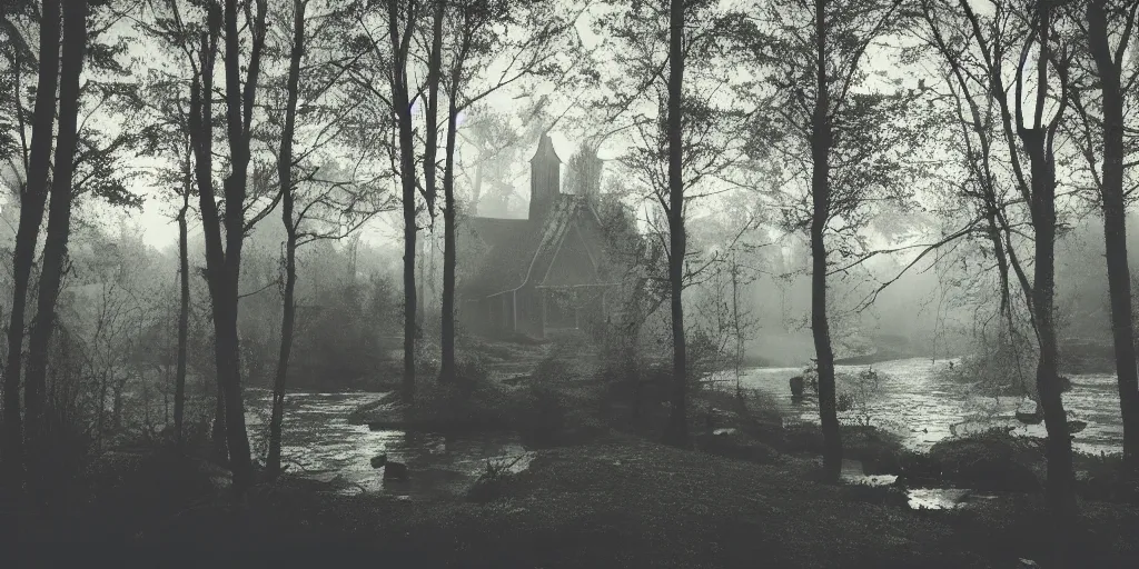 Prompt: a photo of a dream world, forest, river, skull, church, dark lighting