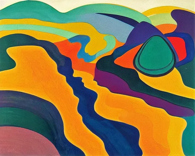 Image similar to A wild, insane, modernist landscape painting. Wild energy patterns rippling in all directions. Curves, organic, zig-zags. Saturated color. Mountains. Clouds. Rushing water. Wayne Thiebaud. Arthur Dove. Zao Wou-ki.