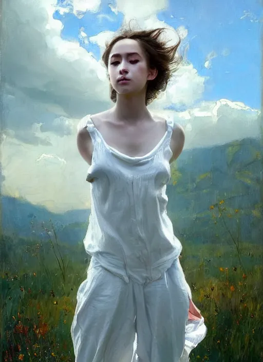 Prompt: portrait of girl dressed in white clothes , fantasy character portrait, decollete, lying dynamic pose, above view, sunny day, thunder clouds in the sky, artwork by Jeremy Lipkin and Giuseppe Dangelico Pino and Michael Garmash and rob rey, levitation, industrial rusty pipes, very coherent symmetrical artwork, perfect face, simple form, brutal shapes