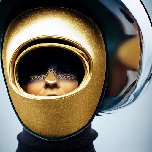 Prompt: A detailed close up portrait face of an editorial model wearing a reflective chrome wormhole massive helmet mask and black turtleneck and gold color blocks in Sand Dunes, 4K editorial award winning photograph by David Lachapelle