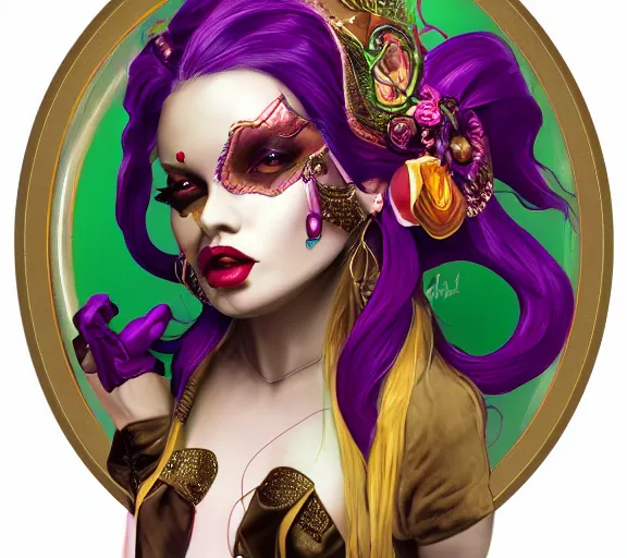 Image similar to beautiful female character inspired by new orleans mardi gras and dada vampire bounty hunter | | digital artwork made by greg rutswork, anna dittmann and lois van barlee, symmetrical rim light, anatomically correct