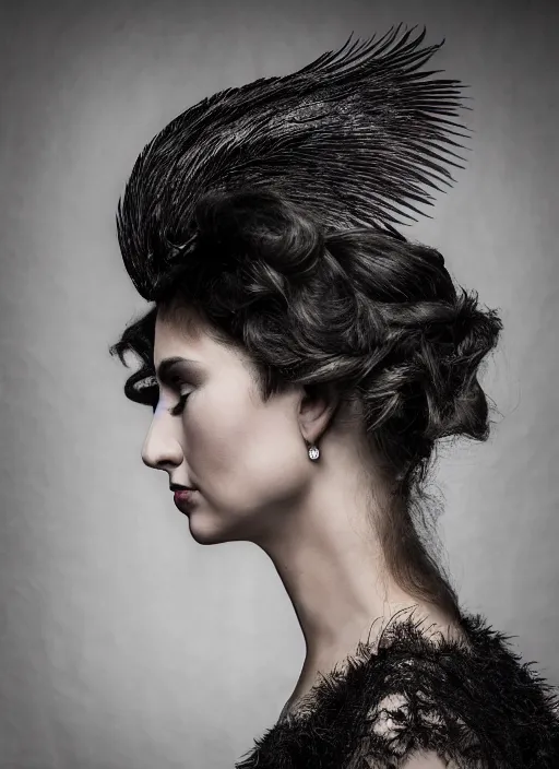 Image similar to a woman's face in profile, made of elaborate swan feathers, in the style of the Dutch masters and Gregory Crewdson, dark and moody